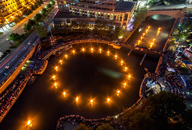 Aerial view of WaterFire Providence