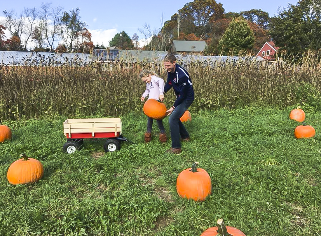 Image of family with pumpkins and wheelbarrow - Pumpkin Patches Near Boston