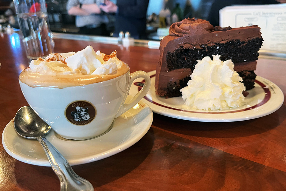 Cafe Intermezzo's cappuccino will keep parents energized; the sky-high cake slices will keep kids ecstatic.