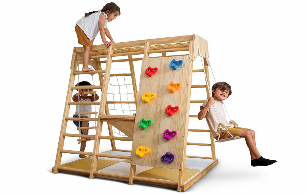 three kids play on the gorgeous Avenlur Montessori Wooden Indoor Playground
