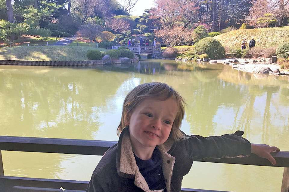 Brooklyn Botanic Garden's The Japanese Hill-and-Pond Garden boy on bridge