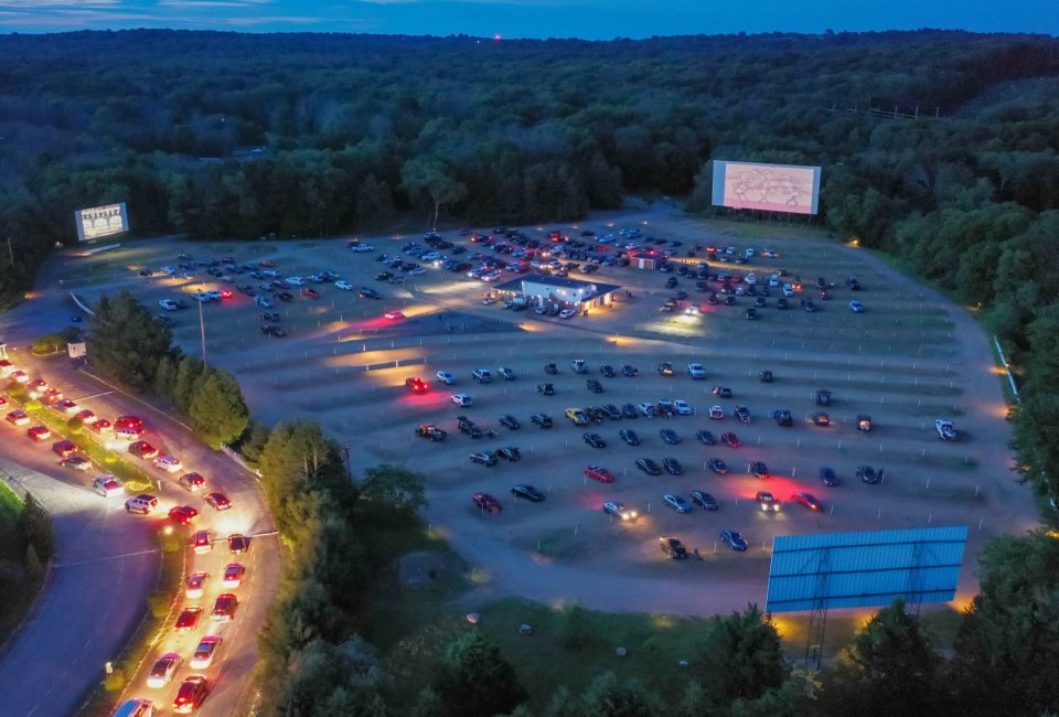 The Mansfield drive-in shows flicks on its trio of screens. Photo by Levin Aerial Works courtesy of Discover Mansfield