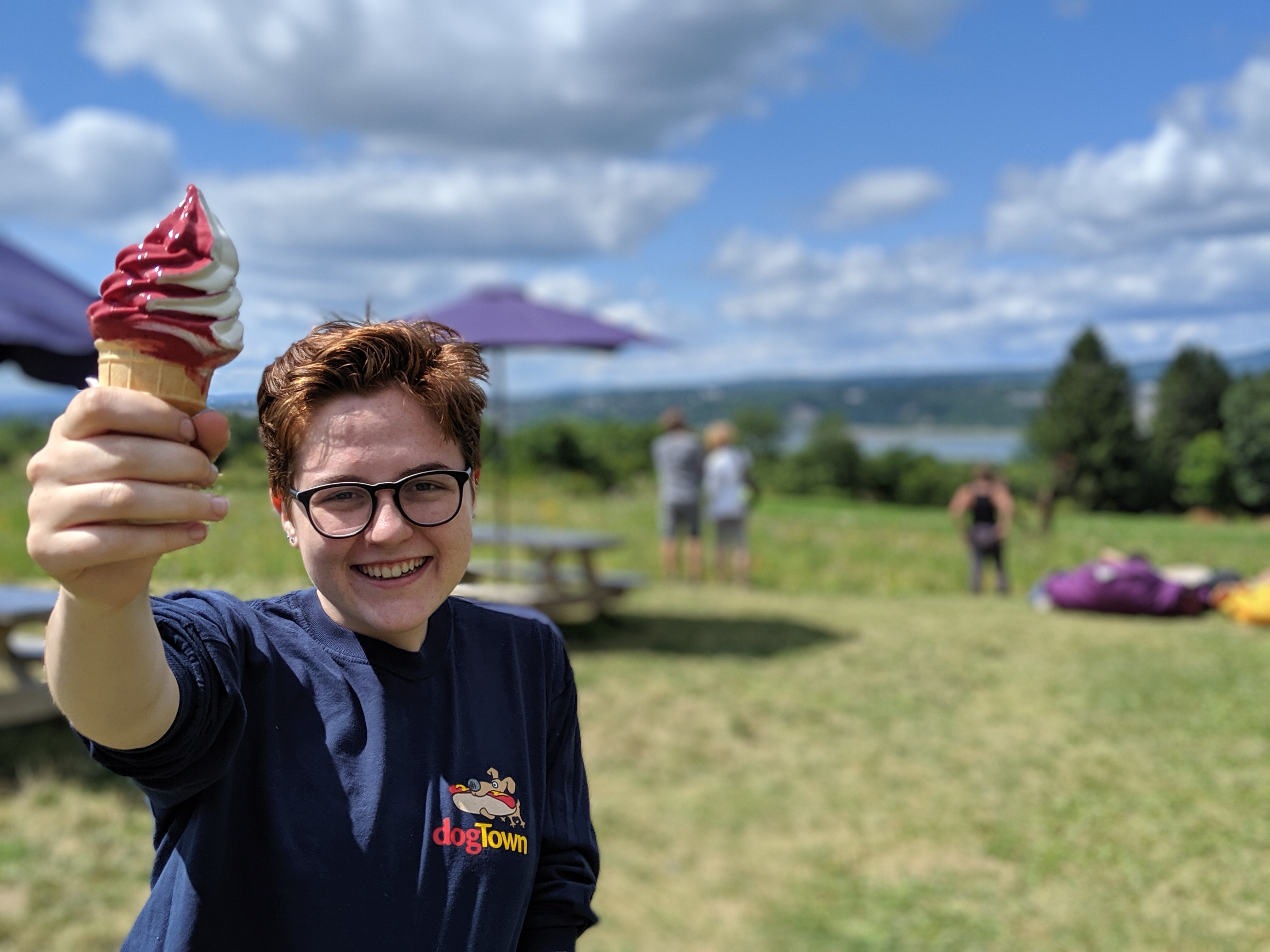 Enjoying some local cassis ice cream on the Ile d'Orleans.
