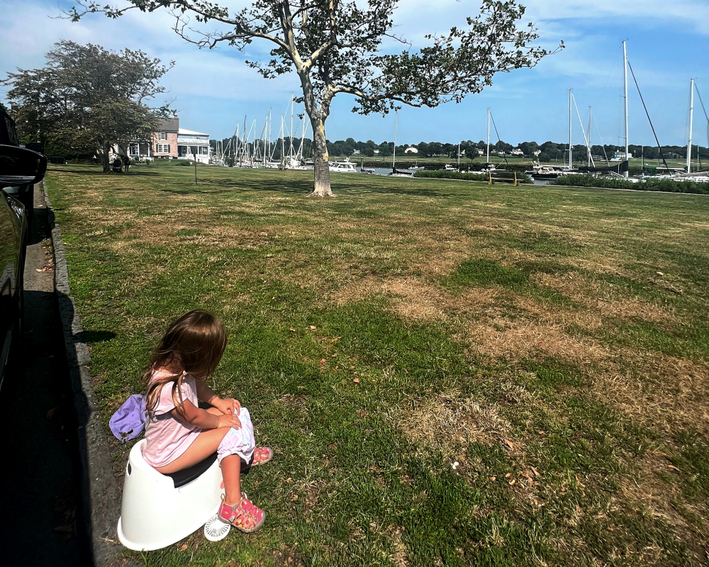 little girl using a portable potty in the park