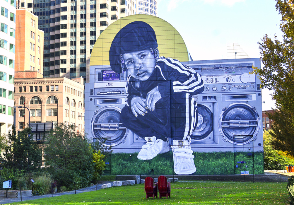See a cooler side of Boston on the Rose Kennedy Greenway with kids. Breathe Life Together was painted by ​​​​Rob ProBlak Gibbs. Photo by Wally Gobetz via Flickr