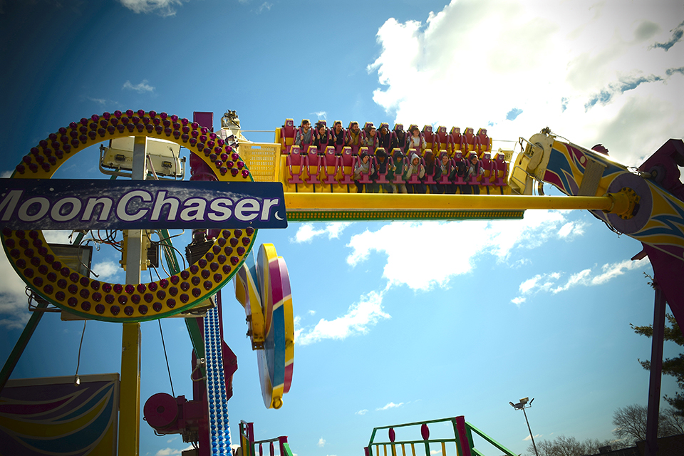 The thrilling Moon Chaser spins, twists, dips, and inverts riders at heights up to 45 feet in the air.