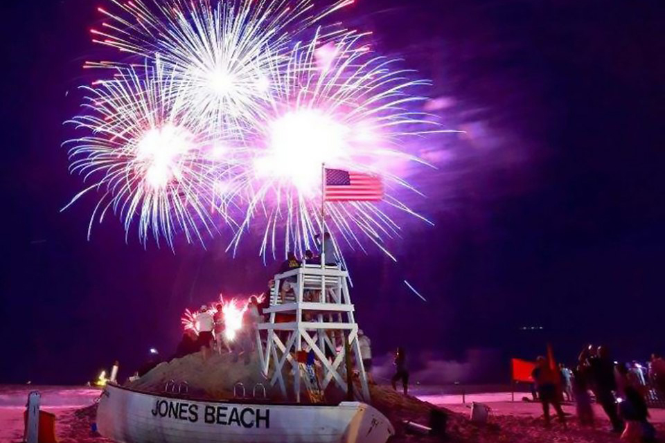 Enjoy an amazing fireworks display over the ocean at Jones Beach. Photo courtesy of  NYS Parks and Historic Sites