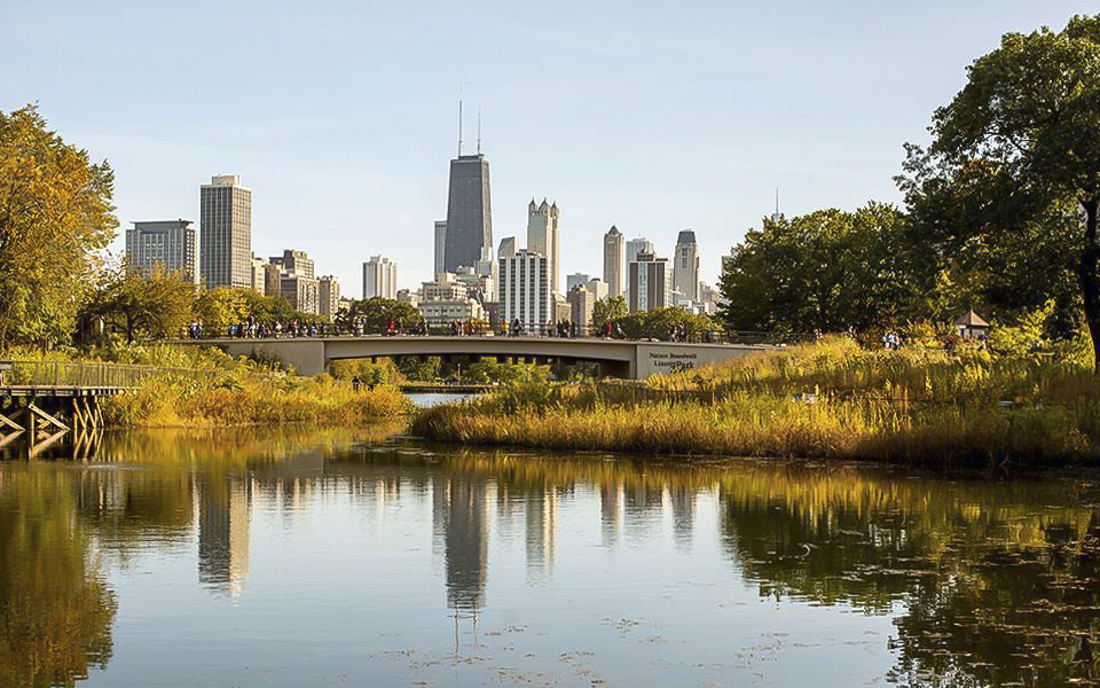 Lincoln Park Zoo and a view of the Chicago skyline.