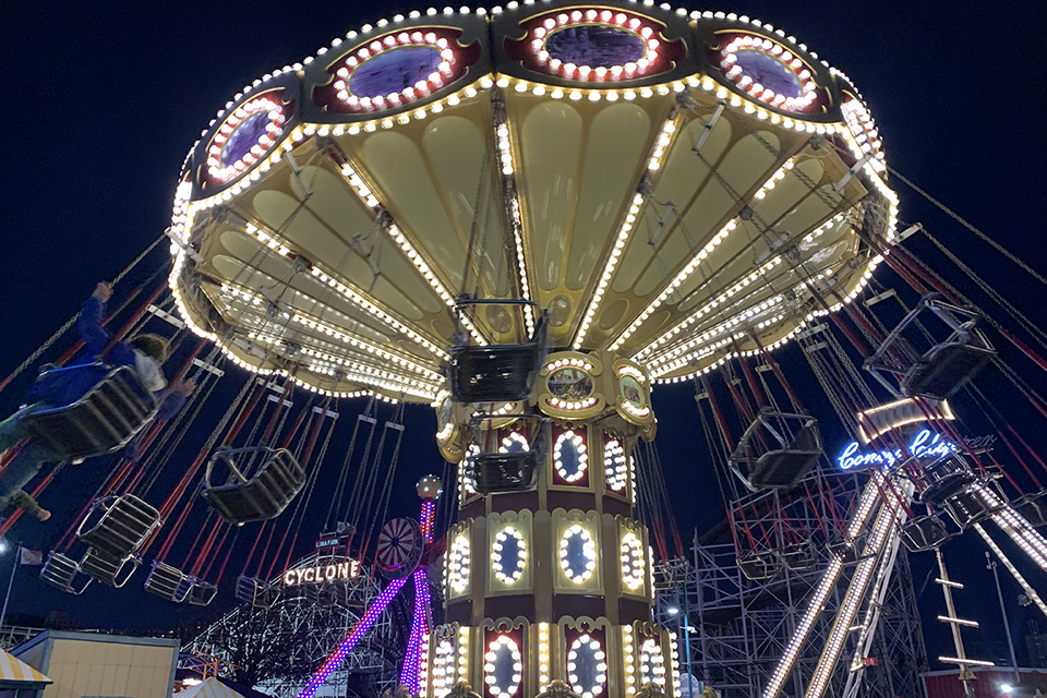 Luna Park's Frost Fest: Swing ride lit up at night