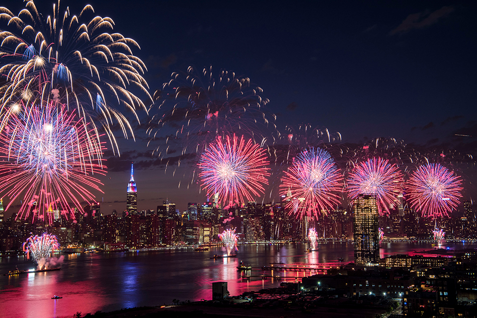 Macy's 4th of July fireworks brings four barges to the East River surrounding the South Street Seaport in 2025. Photo courtesy of  NYC Tourism & Conventions 