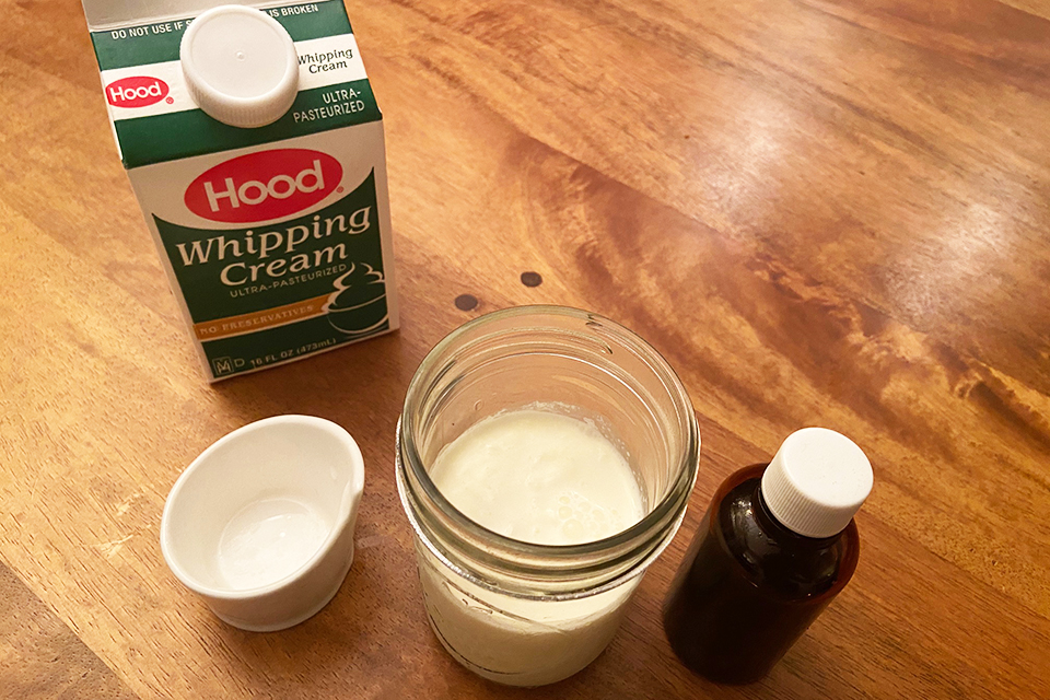 Ingredients like whipping cream and vanilla for how to make ice cream in a bag.