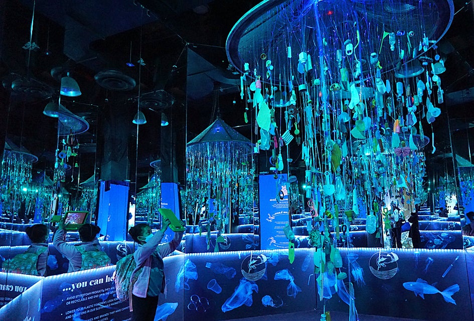 Looks can be deceiving at Arcadia Earth, where this sparkling kaleidoscope of colors is, in fact, a collection of plastic waste and a lesson in environmental conservation. 