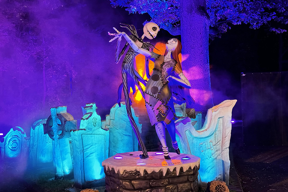 Join Jack Skellington, Sally, and Zero on a walk of wonders at NYBG's The Nightmare Before Christmas Light Trail. Photo by Ally Noel