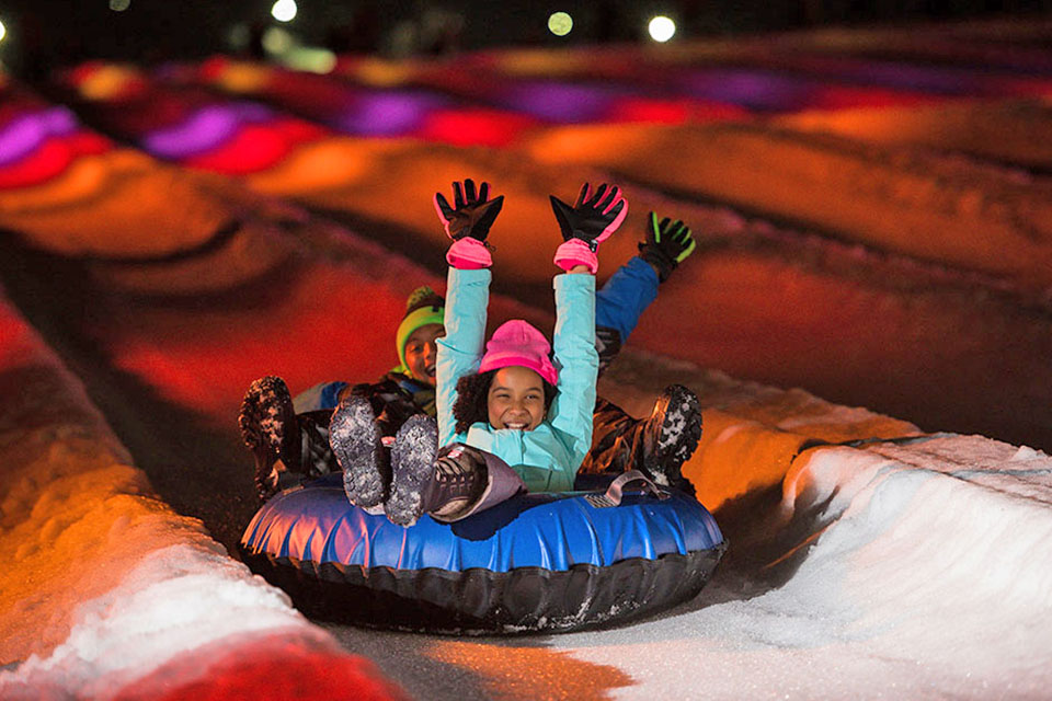 Galactic snow tubing at Camelback offers an LED light show come nightfall.