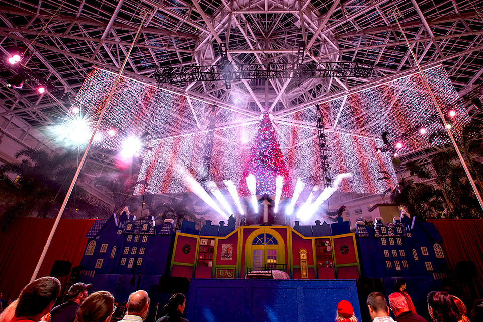 The atrium is illuminated with holiday lights at Gaylord Palms. Photo courtesy of the Gaylord Palms
