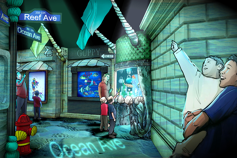 Tropical fish, rays, and sharks swim in the store windows at 