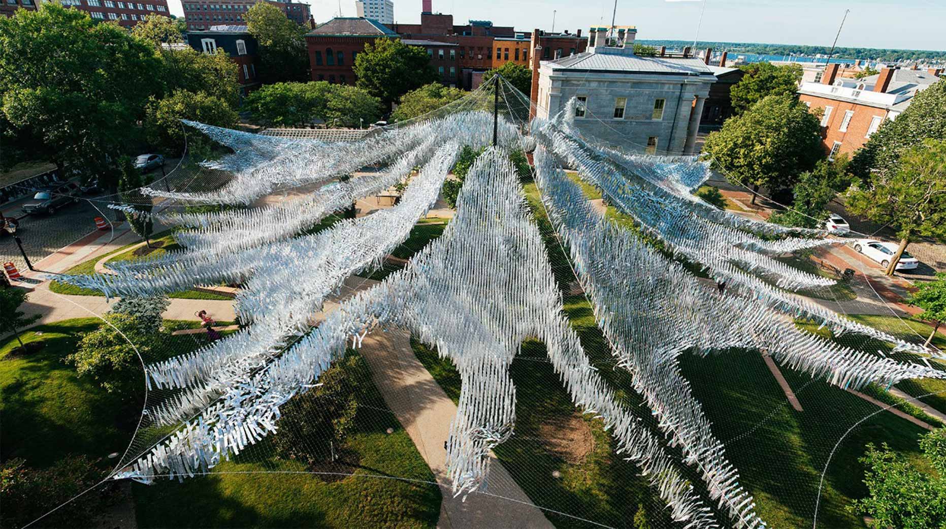 Inspired by the movements of schools of fish, this outdoor sculpture moves with the seaside winds in New Bedford. Photo courtesy of Poetic Kinetics