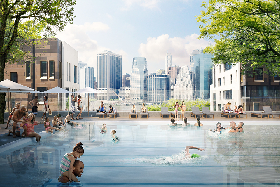 A permanent pool is coming to Squibb Park in Brooklyn Heights. Rendering courtesy of Brooklyn Bridge Park