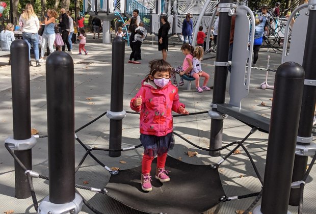 Kids can jump all their wiggles out on two trampolines at Charybdis Playground.