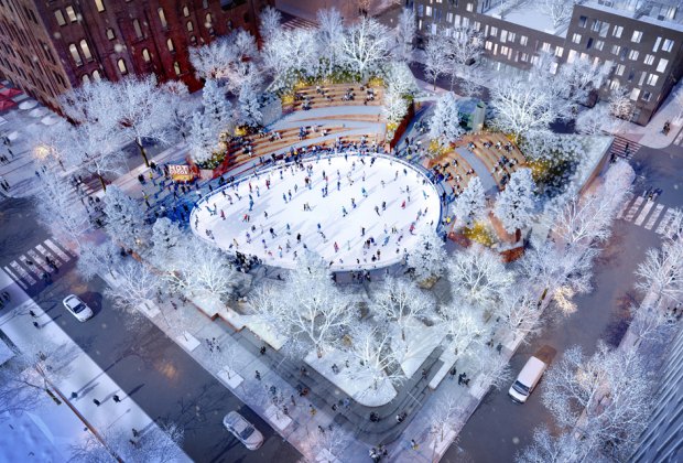 Domino Square is set to be a community hub and brings a new ice skating rink to Williamsburg this winter. Rendering courtesy of Two Trees Management