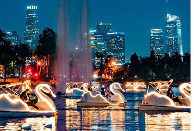 Have an only in La-La Land New Year's Eve with the Echo Park Swan Boats. Photo courtesy of Wheel Fun Rentals
