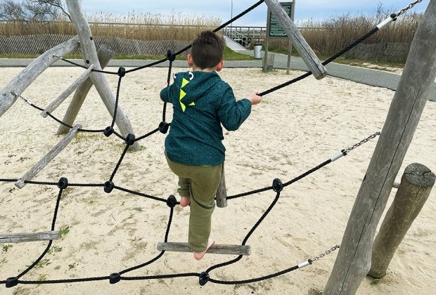 The new ropes course at Captree State Park features a spider-web structure. 