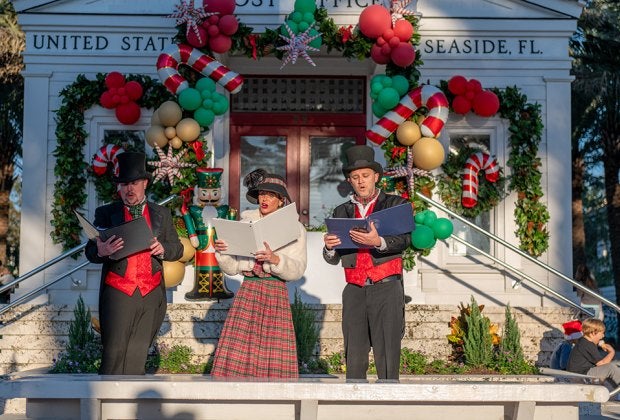 Seaside, FL transforms into a lovely Christmas village, complete with carolers, Santa, and more, during the holiday months! Photo courtesy Seaside, Florida